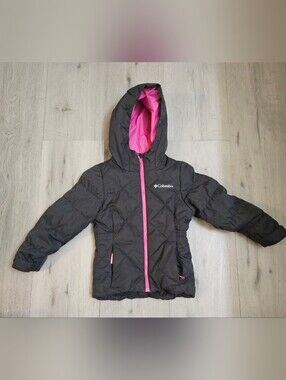 Columbia Girls Casual Slopes Hooded Puffer Jacket Charcoal Pink Size XXS 4/5